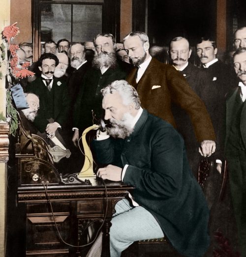  1892, New York, New York, USA --- Alexander Graham Bell at the New York end of the first long-distance telephone call to Chicago in 1892. --- Image by © Stefano Bianchetti/Corbis